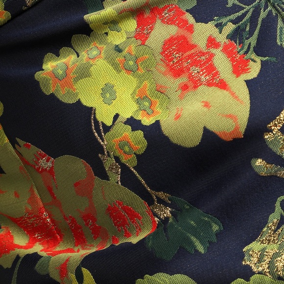 Navy Blue Floral Jacquard Puff Sleeve Mini Dress - Picture 6 of 6